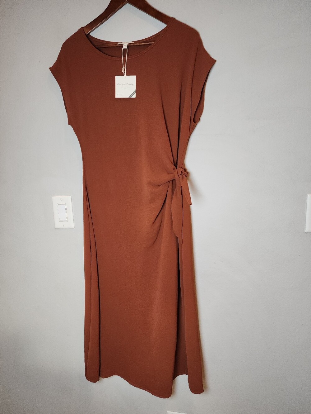 See You Monday Brown Midi Dress Waist Tie Cap Sleeve Women's Size Large